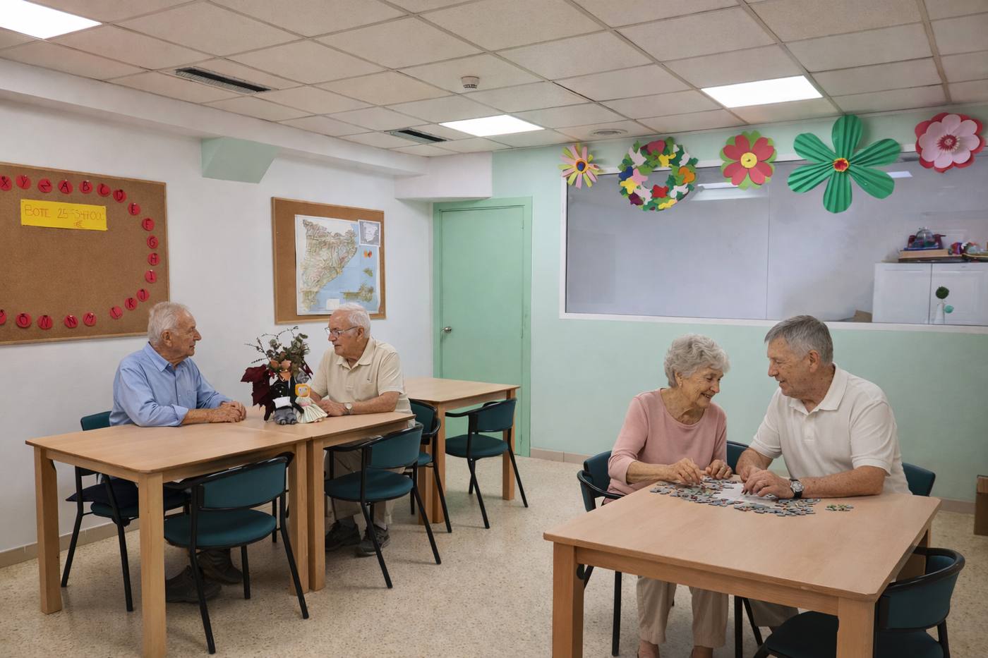 Residentes participando en actividades de estimulación cognitiva en residencia especializada en Alzheimer