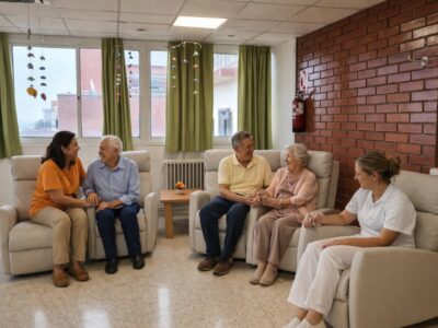 Sala común en centro especializado en Alzheimer con residentes y atención profesional