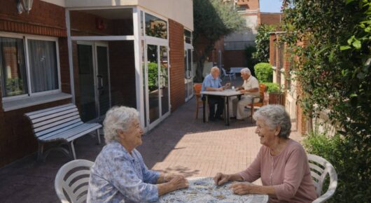 Terraza ajardinada en centro especializado en Alzheimer fomentando la convivencia al aire libre