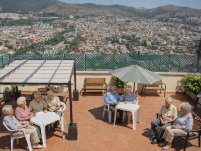 Terraza exterior en centro especializado en Alzheimer con vistas abiertas y espacios de convivencia